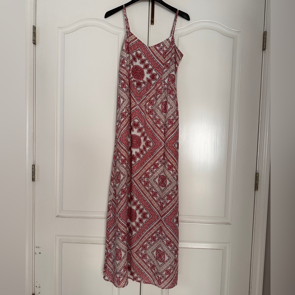 Red Patterned Maxi Dress with Spaghetti Straps